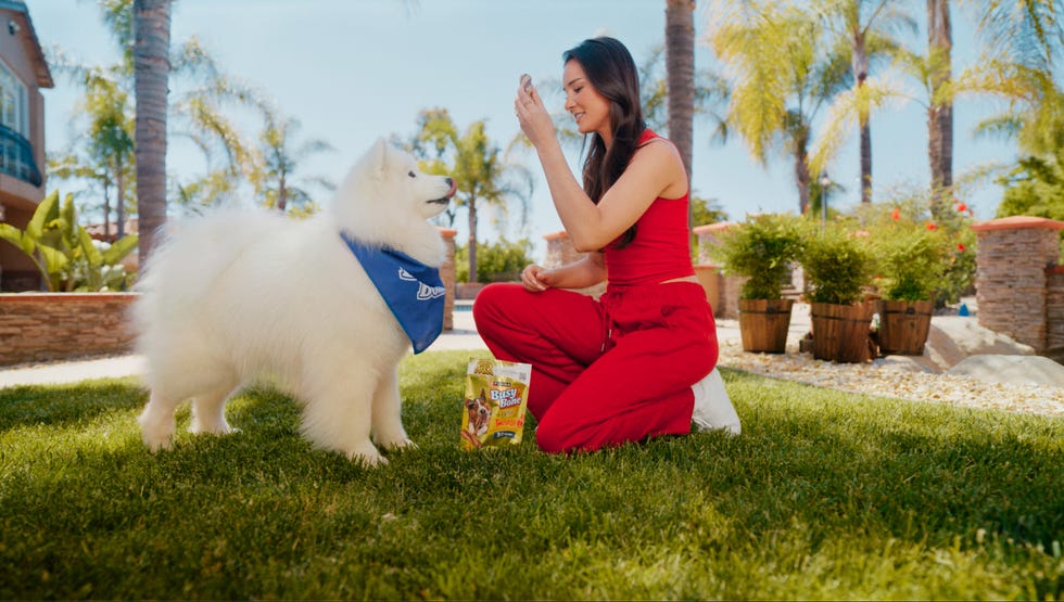 kristin kneels in grass, holding a treat for one of her dogs