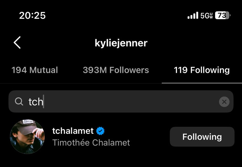 kylie jenner following timothée chalamet