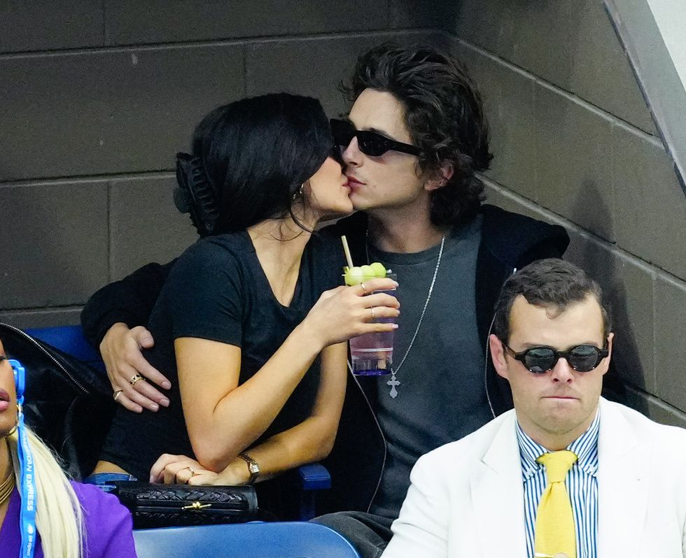 kylie jenner and timothee chalamet kissing at the us open on september 10, 2023
