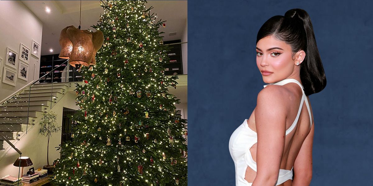 kylie jenner's towering christmas tree in her foyer next to image of kylie jenner wearing a white dress