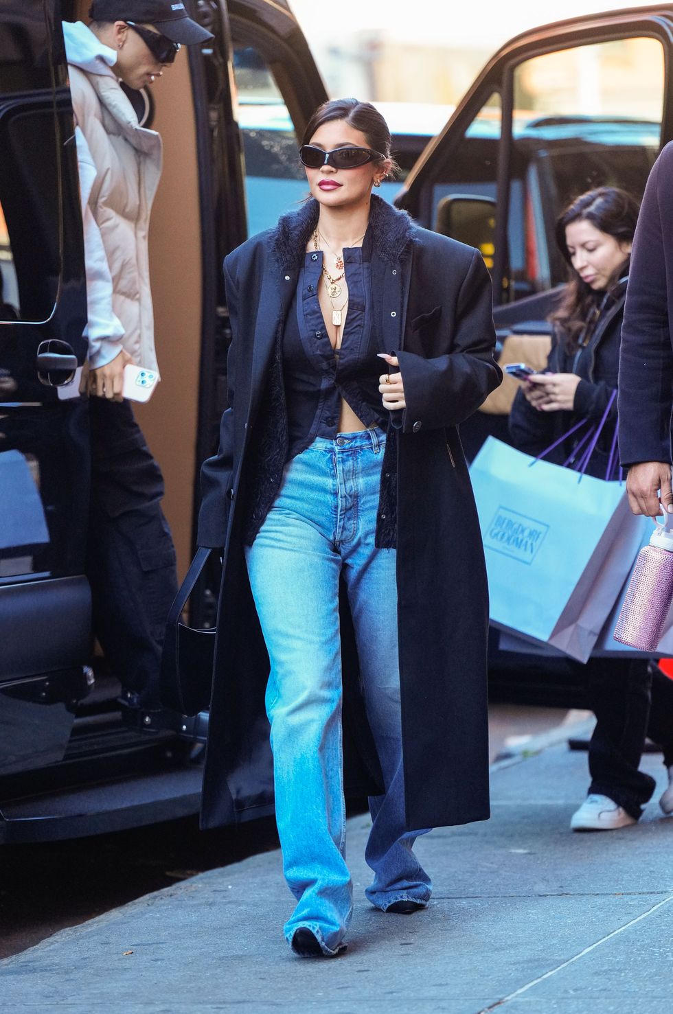 Kylie Jenner Wears Micro Mini Dress and Black Coat in NYC