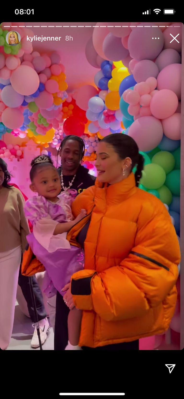 the people at stormi's third birthday party, not wearing masks