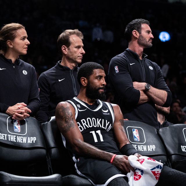 new york, new york   november 01 kyrie irving 11 of the brooklyn nets looks on from the bench during the fourth quarter of the game against the chicago bulls at barclays center on november 01, 2022 in new york city note to user user expressly acknowledges and agrees that, by downloading and or using this photograph, user is consenting to the terms and conditions of the getty images license agreement photo by dustin satloffgetty images