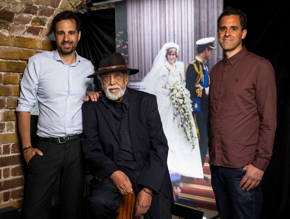 photographers samir hussein, anwar hussein and zak hussein attend the launch of princess diana accredited access exhibition