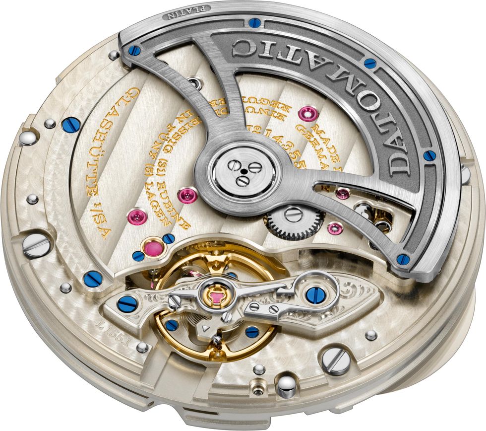 for the odysseus, launched on 24 october 2019, a lange  söhne developed the new l1551 datomatic manufacture calibre the name datomatic visible on the rotor stands for the date mechanism combined with automatic winding with a diameter of 329 millimetres, the movement – visible through the sapphire crystal caseback – completely fills the case it features a unidirectionally winding central rotor with a centrifugal mass in platinum thanks to the skeletonisation of the rotor further details of the manually executed, lavish finissage of the movement can be observed