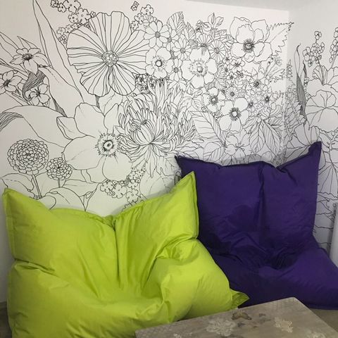 Cushion, Green, Furniture, Pillow, Purple, Wall, Throw pillow, Room, Yellow, Couch, 