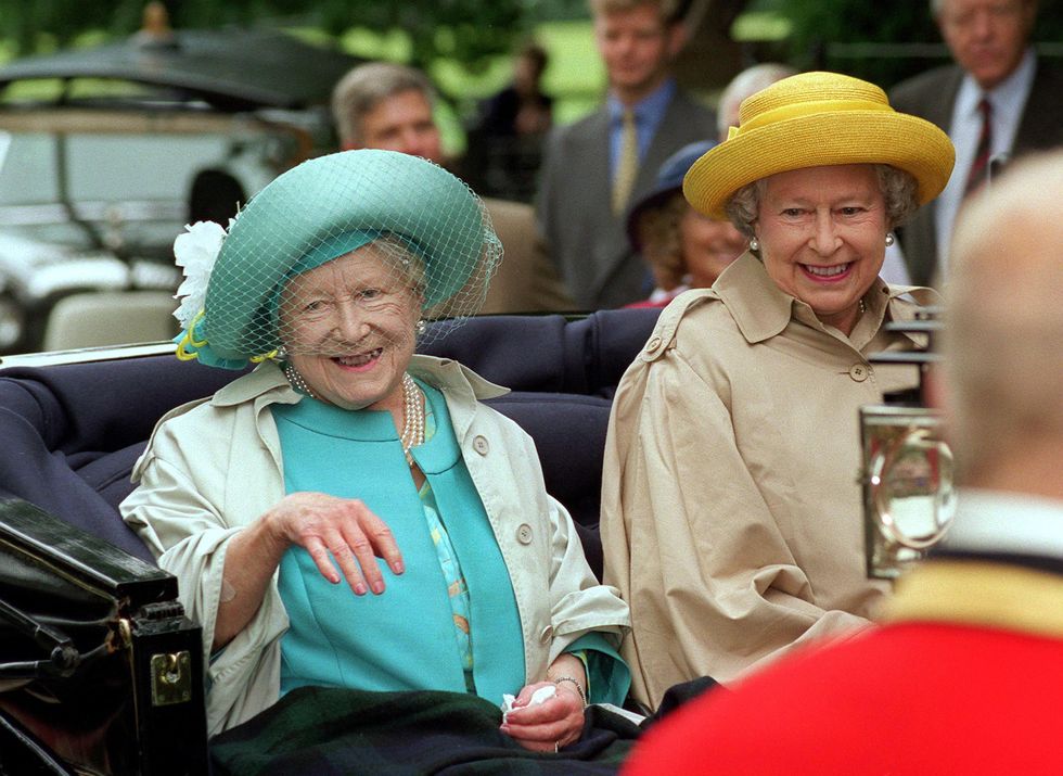 sandringham, united kingdom   august 02  the queen mother with her daughter, the queen, leaving travelling in an open carriage to sandringham church in norfolk just before her 98th birthday  photo by tim graham photo library via getty images