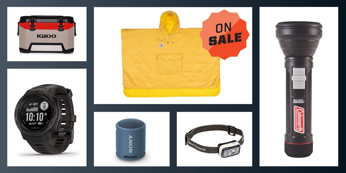 labor day camping sale on items such as flashlights, ponchos, head lamps, coolers, watches, and travel speakers