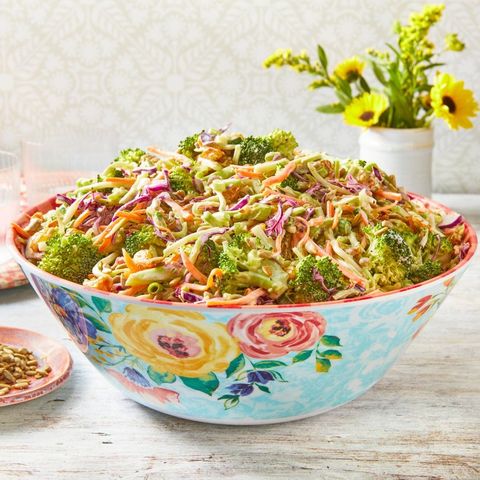 broccoli slaw in floral bowl