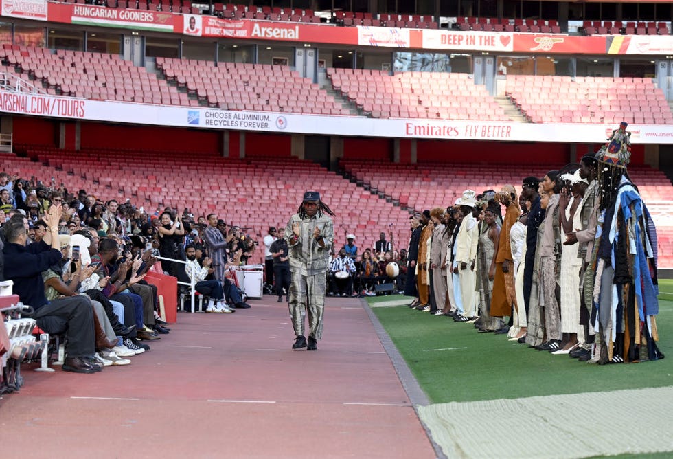 london, england september 16 fashion designer foday dumbuya walks the runway at the finale of the labrum london show during london fashion week september 2024 at the emirates stadium on september 16, 2024 in london, england photo by stuart c wilsongetty images