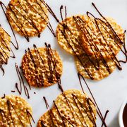 golden lace cookies drizzled with chocolate