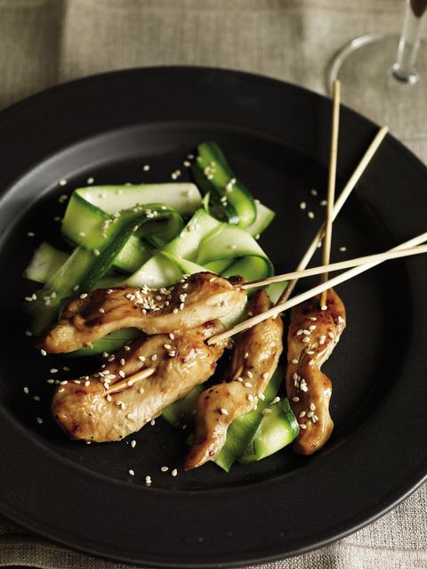 healthy zucchini recipes: lacquered chicken sate with zucchini salad