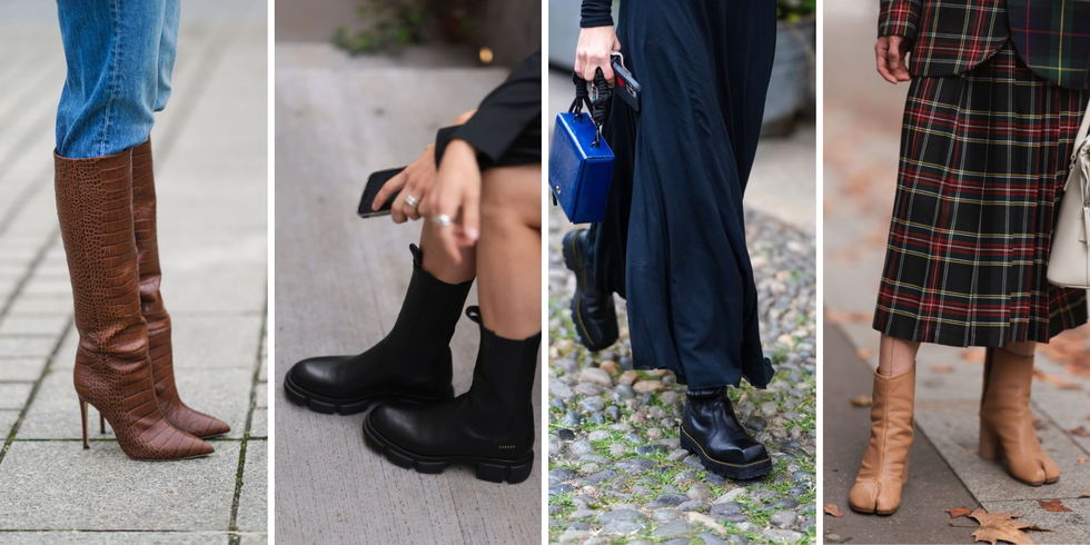 a collage of a person wearing boots and a purse