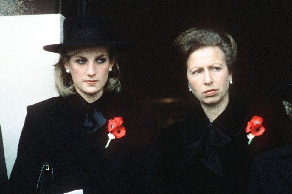 london   november 1984  princess diana, princess of wales, and her sister in law princess anne, attend the remembrance ceremony at the cenotaph in london in november, 1984  photo by anwar husseinwireimage