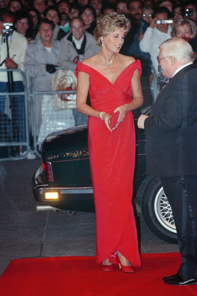 princess diana, princess of wales, at odeon cinema in london to attend the premiere of julie walters new film just like a woman diana wore a red silk gown designed by victor edelstein picture taken 24th september 1992 photo by kent gavinmirrorpixgetty images