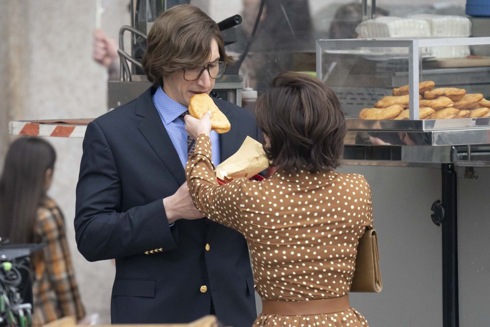 american actors lady gaga and adam driver enjoy luinis panzerotti during a break on the set in piazza del duomo of the film house of gucci, directed by ridley scott milan italy, march 11th, 2021 photo by marco piracciniarchivio marco piraccinimondadori portfolio via getty images
