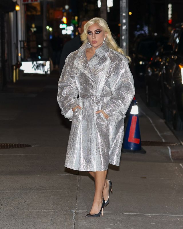 Lady Gaga Wears a Cutout Dress With a Thigh-High Leg Slit and Silver ...