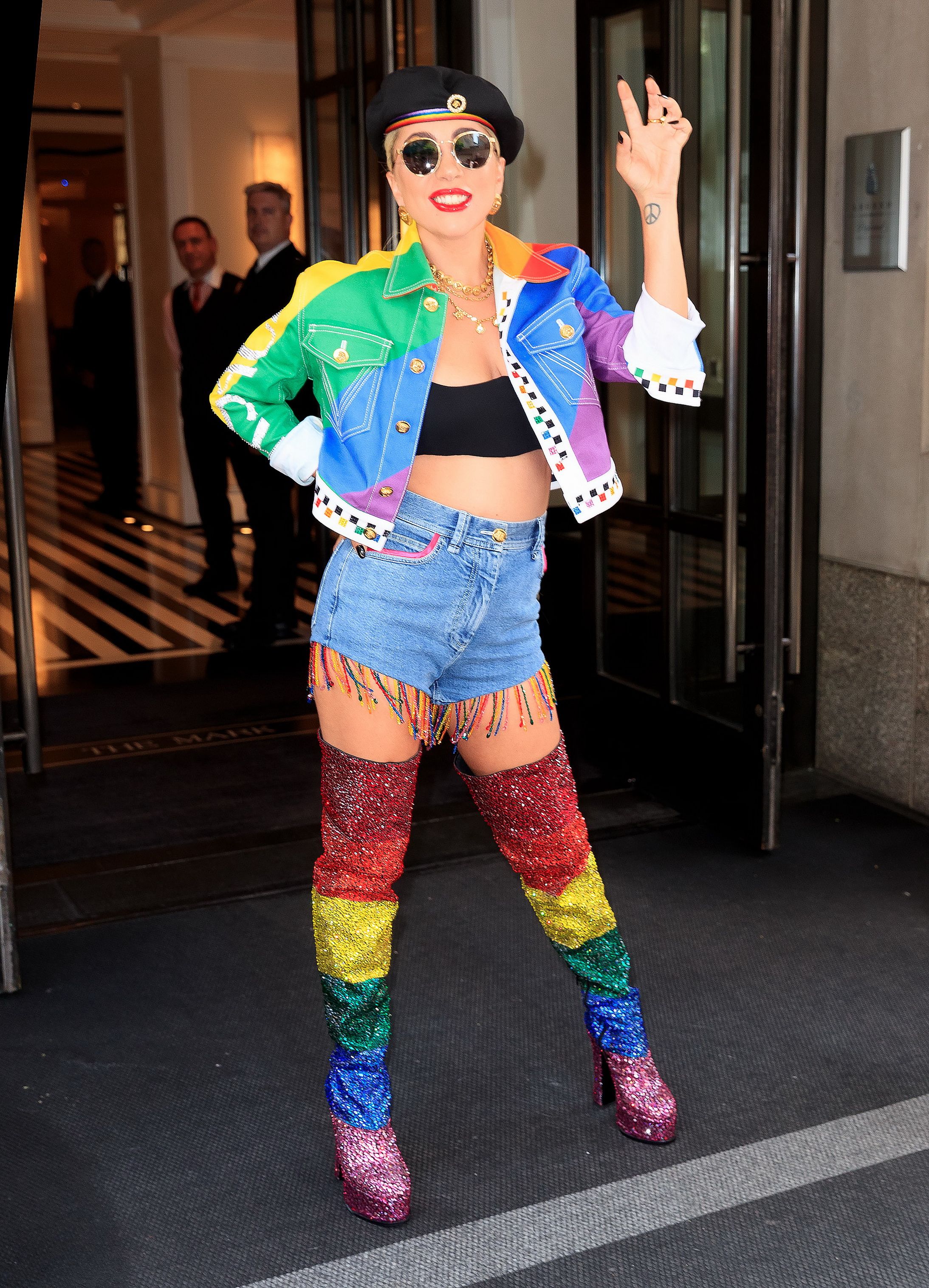 Lady Gaga Wore Sheer, Purple Dress With Daring Slit, Cape