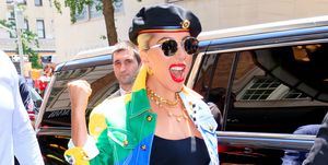 new york, ny   june 28  lady gaga does a fist pump wearing her pride fashion on june 28, 2019 in new york city  photo by gothamgc images