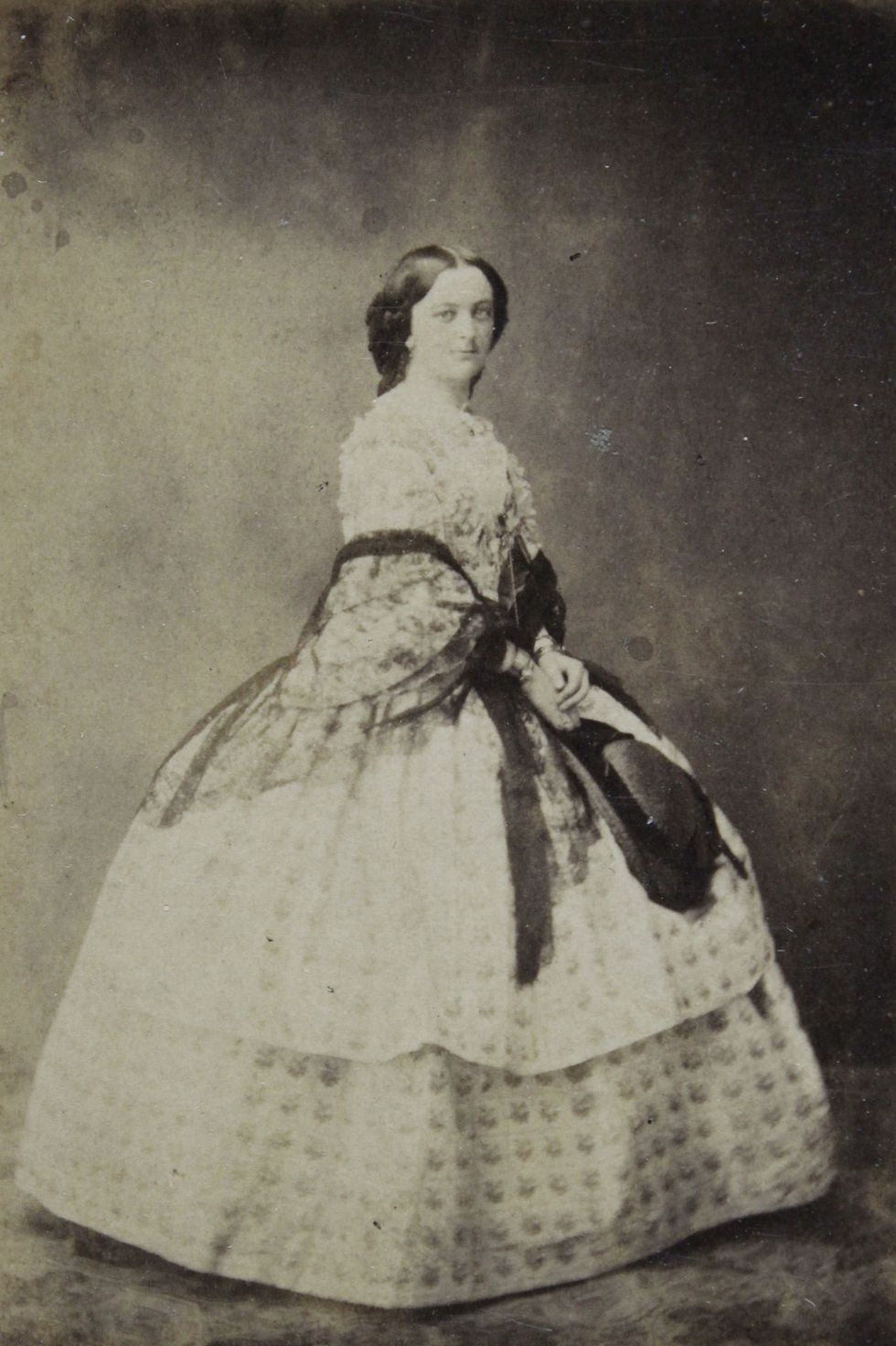 lady in polka dot dress with dark, transparent stole full figure about 1858 photograph by ludwig angerer  vienna old wieden, feldgasse  above the theresianumgasse no 264