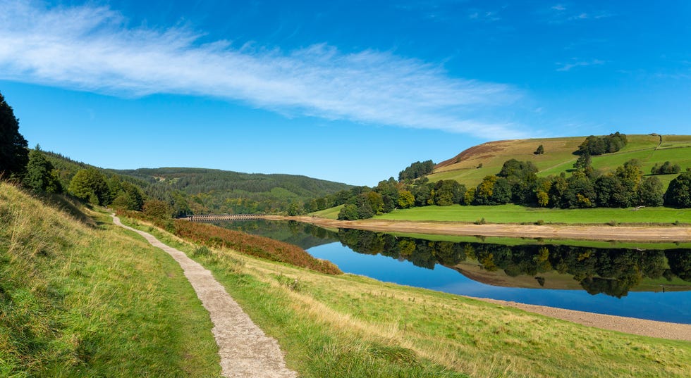 a trail runs alongside ladybower reservoir