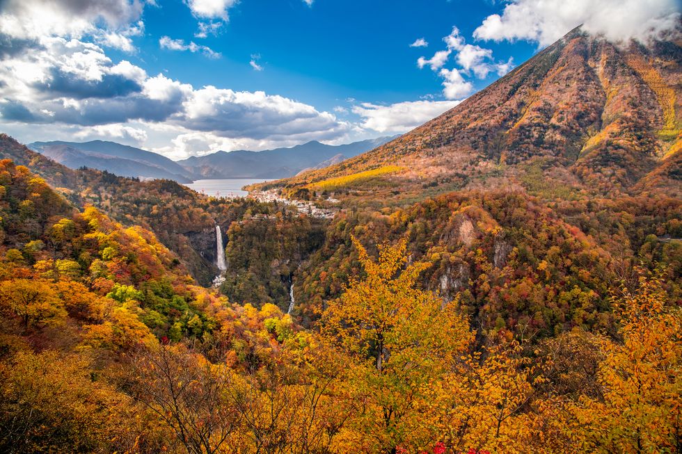 lake chuzenji with kegon waterfall at nikko national park in tochigi prefecture in japan