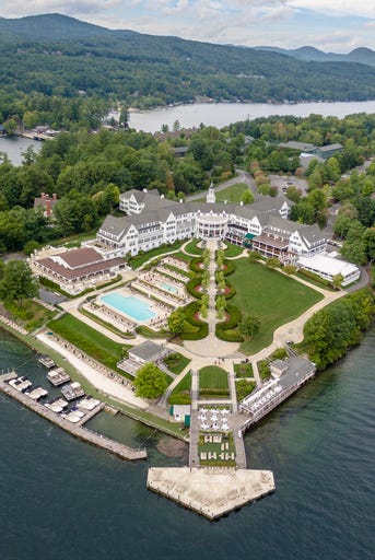 Lake George panorama aerial upstate New York. Sagamore, Bolton Landing, Hotel, resort Lake George panorama aerial upstate New York. Sagamore, Bolton Landing, Hotel, resort