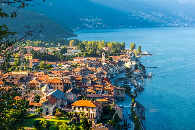 high angle view over the old town at sunset
