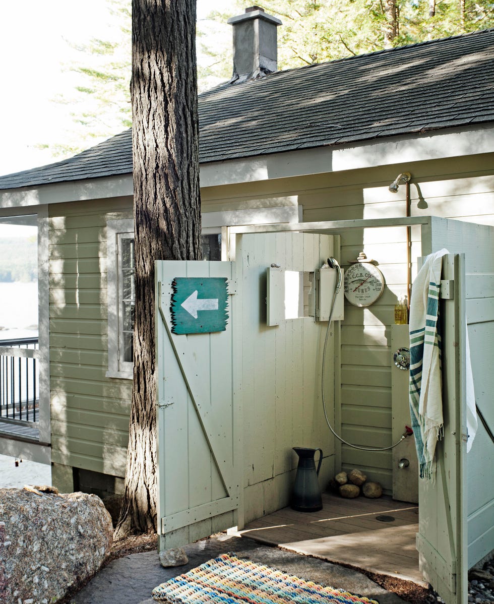 green rustic outdoor shower