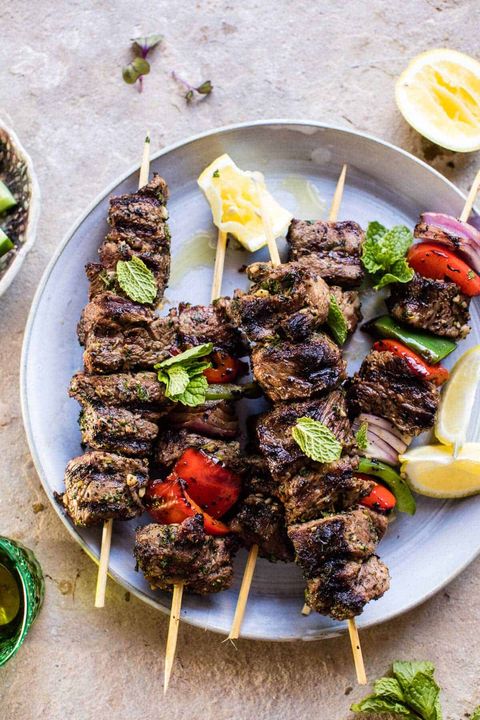 mediterranean grilled lamb kebabs iwth lemon wedges