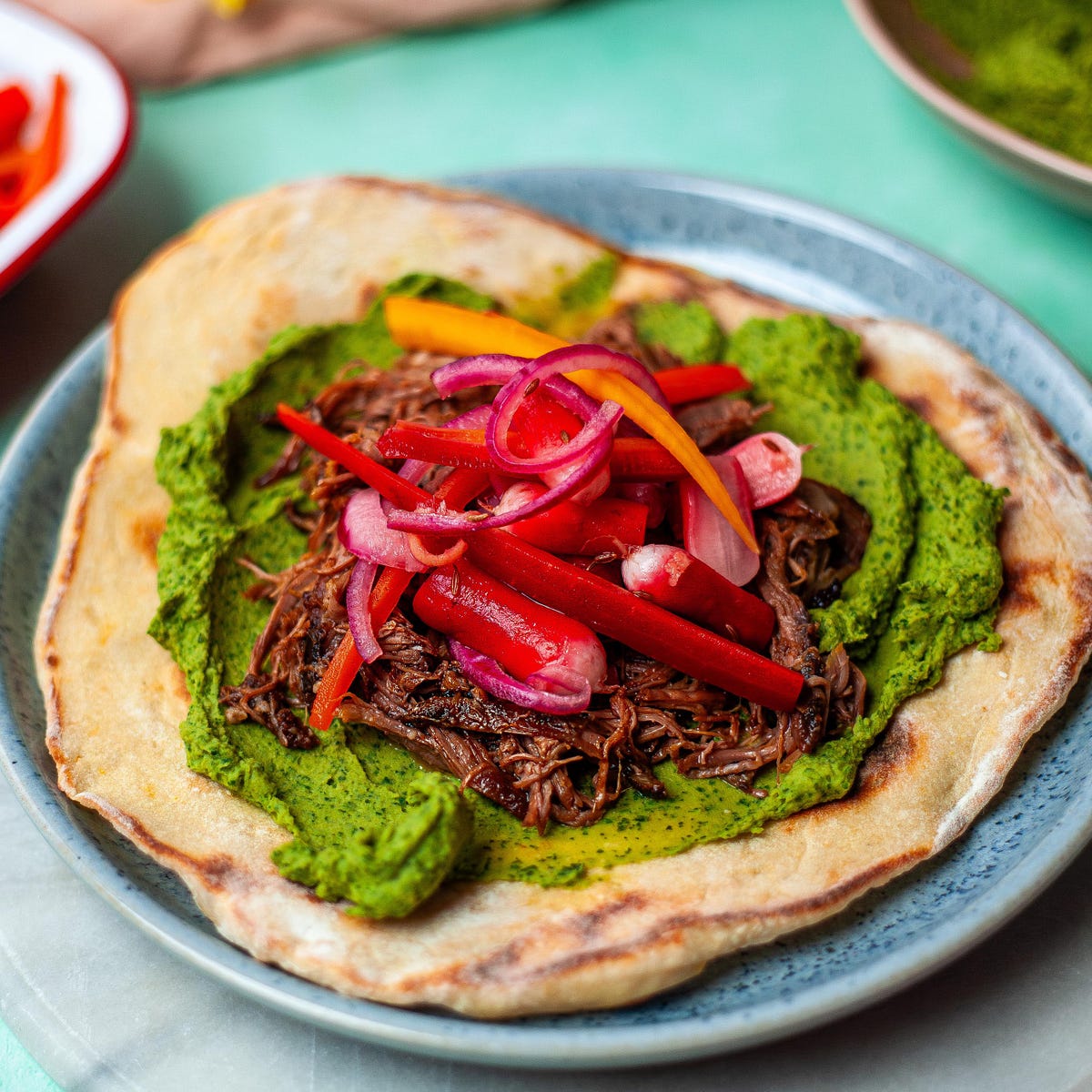 Lamb Shawarma Orange Flatbreads with Herby Hummus