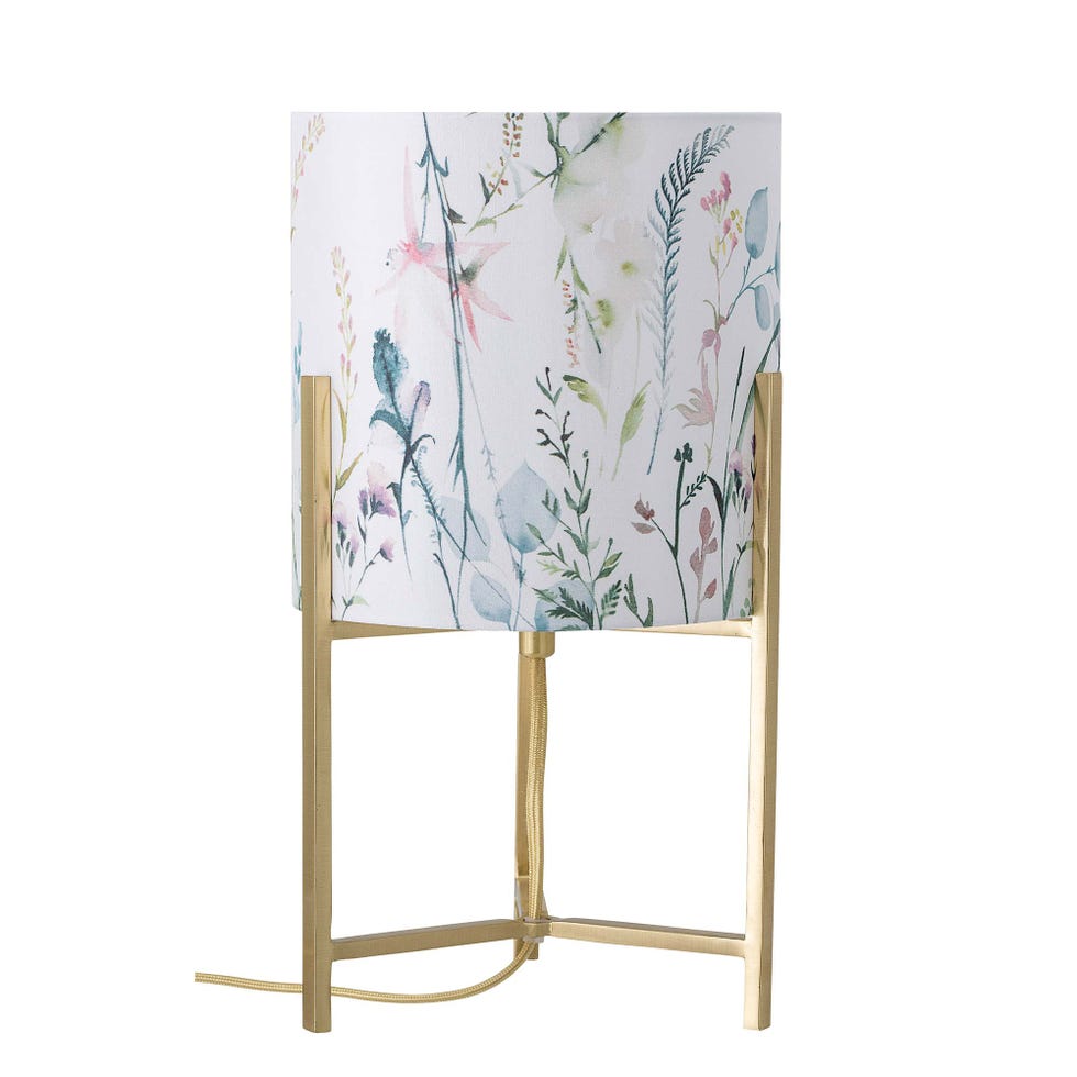 lámpara de mesa con pantalla cilíndrica y pie en acabado oro