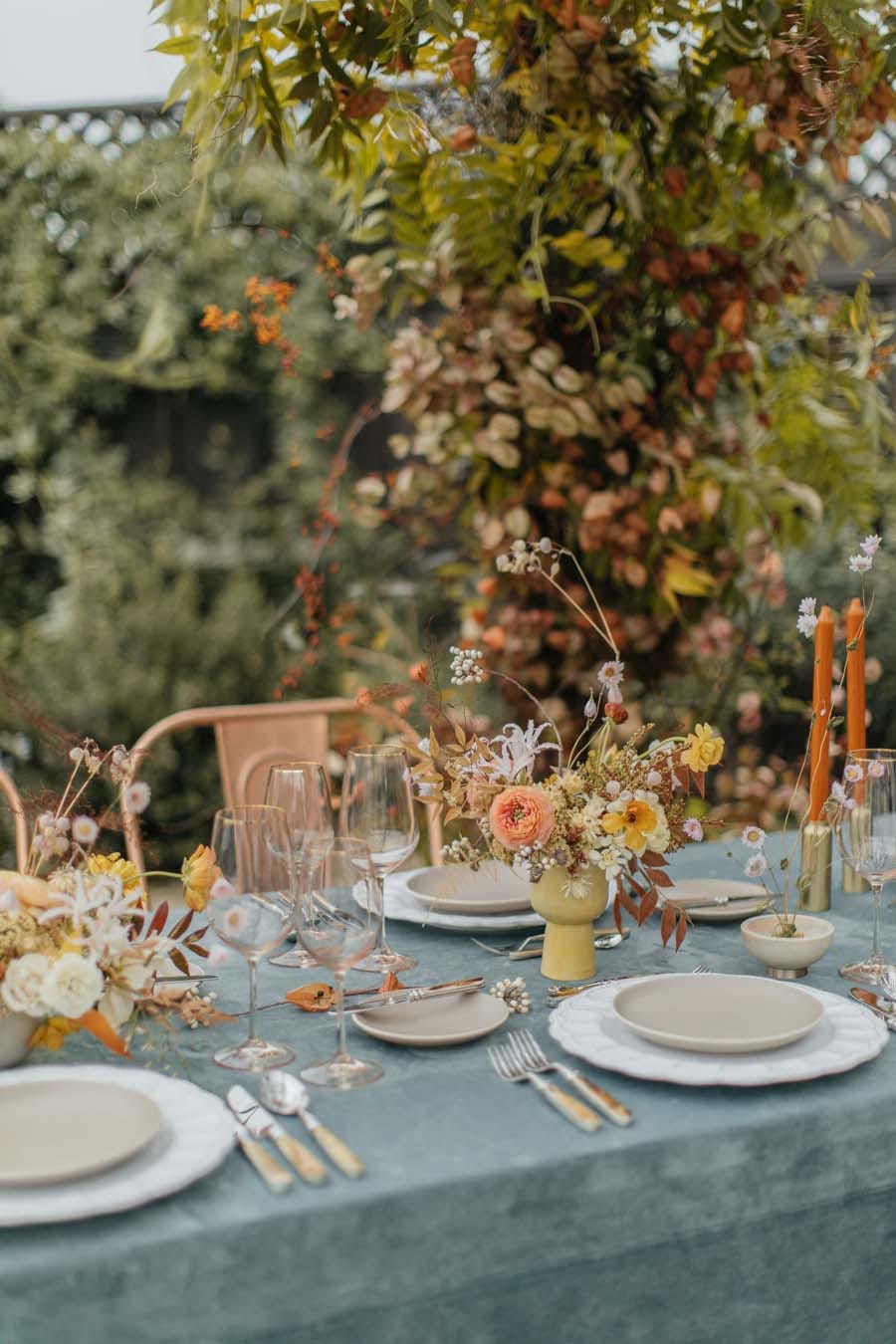 Rehearsal dinner, Table, Yellow, Centrepiece, Meal, Tablecloth, Brunch, Flower, Textile, Furniture, 