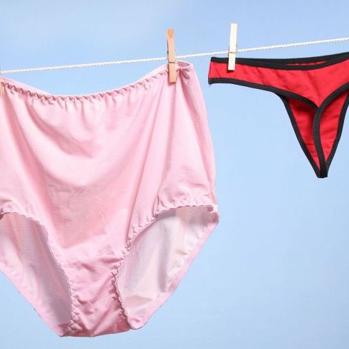 Undergarment, Briefs, Clothing, Underpants, Swimsuit bottom, Meadow, Lingerie, Pink, Natural environment, Bikini, 