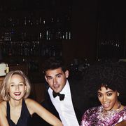 Clothing, Hair, Fun, Hairstyle, Formal wear, Party, Strapless dress, Friendship, Tie, Flash photography, 