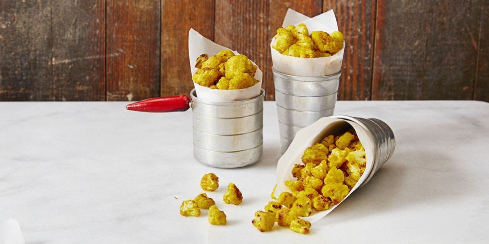 cauliflower popcorn in a metal container