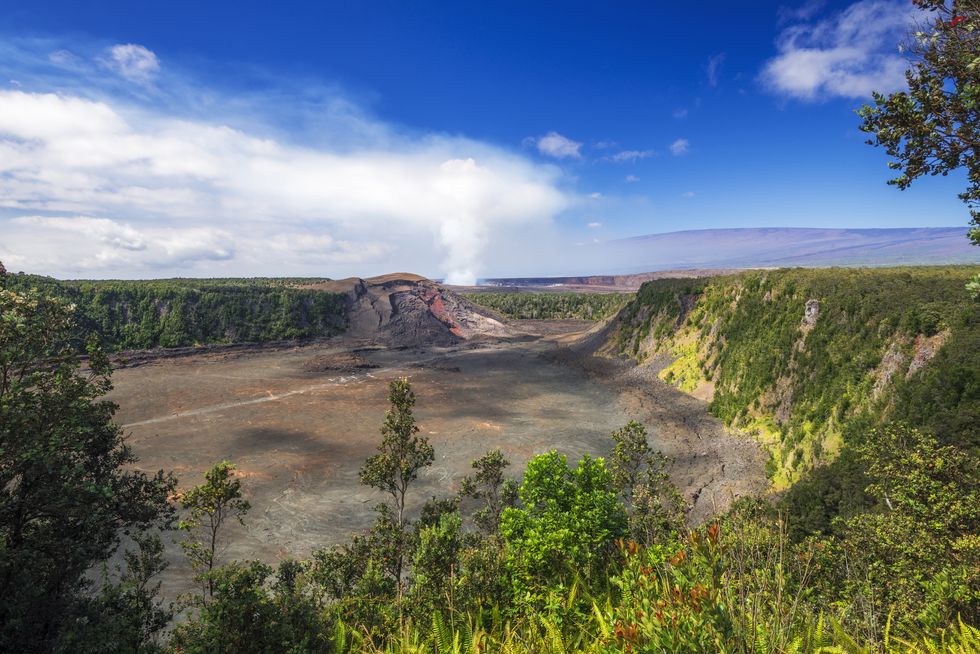 Landscape with Kilauea Iki and steam from Halemaumau Crater, Hawaii Volcanoes National Park, Hawaii, USA