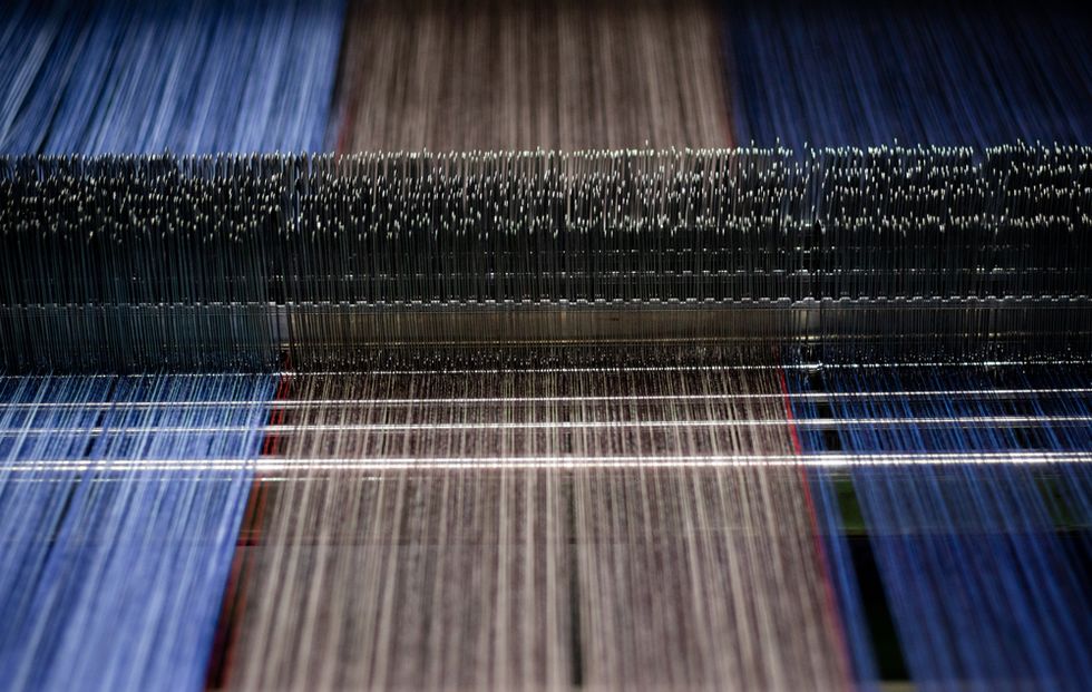 Loom, Weaving, Blue, Line, Textile, Woven fabric, Wood, Art, Flooring, Floor, 