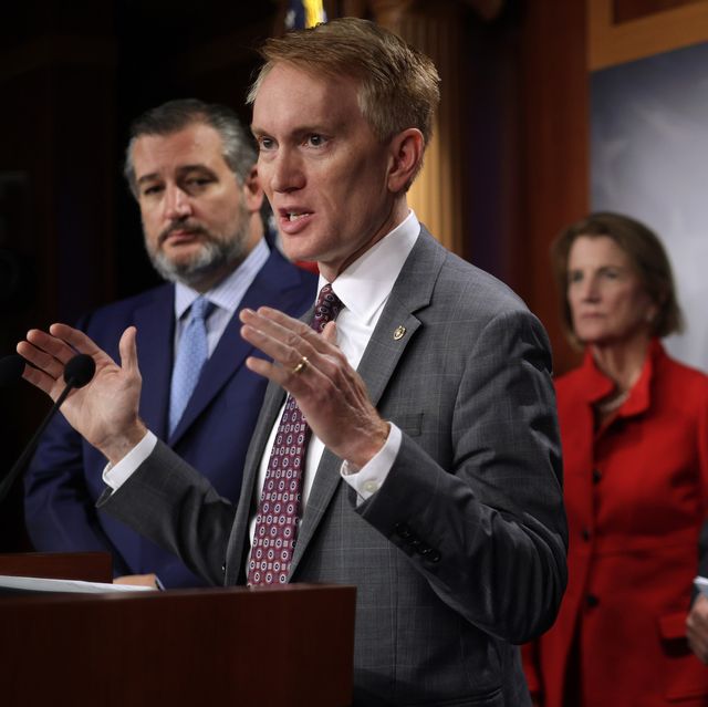 washington, dc   october 06  us sen james lankford r ok speaks as l r sen ted cruz r tx, sen shelley moore capito r wv and sen john hoeven r nd listen during a news conference at the us capitol october 6, 2021 in washington, dc senate republicans held a news conference to discuss immigration issues on the border  photo by alex wonggetty images
