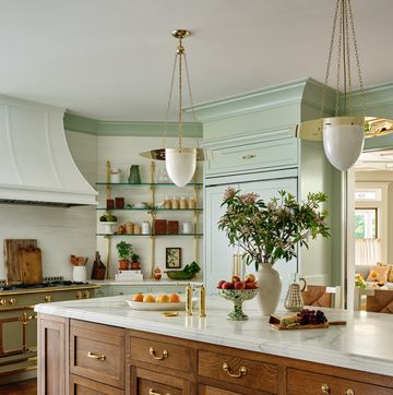 a kitchen with a marble countertop