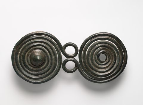 large brooch with spirals, european bronze age, 1400 1100 bc