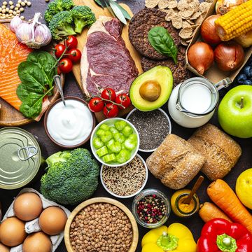 large group of raw food for a well balanced diet. includes carbohydrates, proteins and dietary fiber