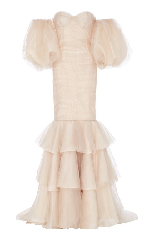 Clothing, Dress, White, Gown, Ruffle, Day dress, Shoulder, Bridal party dress, Cocktail dress, Beige, 