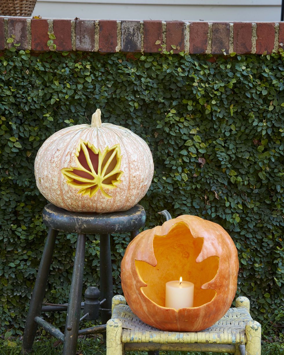 two pumpkins, each with large fall leaf design carved on front, displayed on rustic stools against vine covered wall