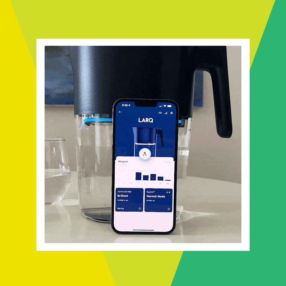 larq pitcher with water filtration app on phone