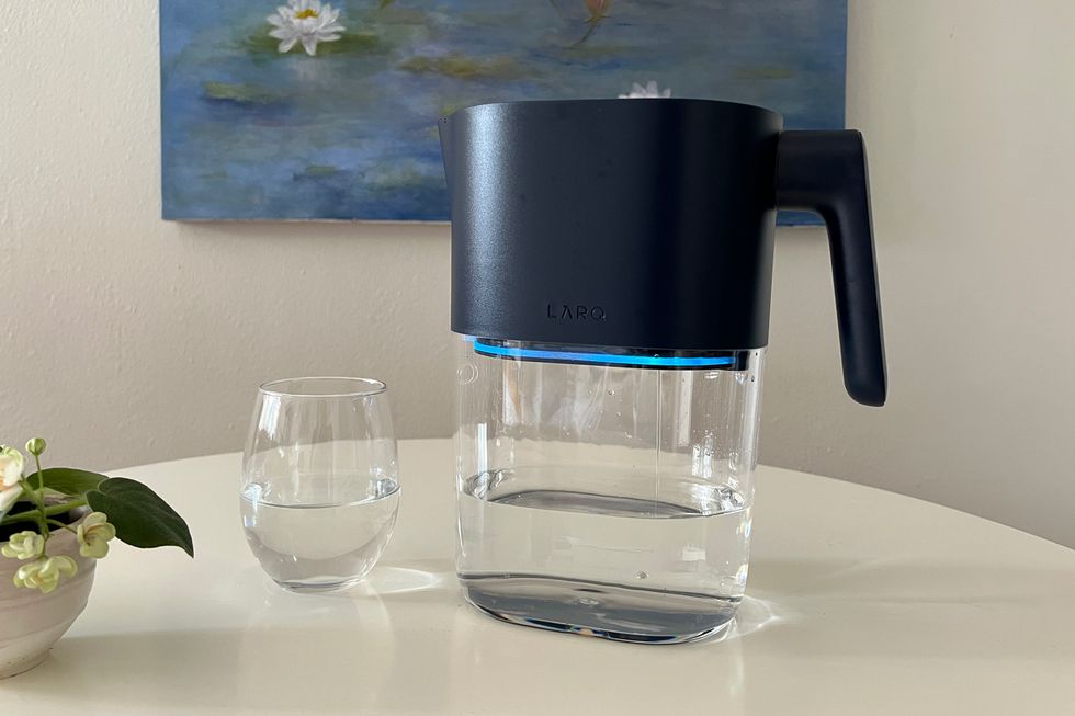 larq pitcher purevis next to glass of water