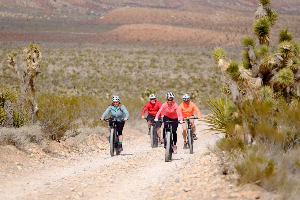 a group of people riding bikes on a dirt road in nevada