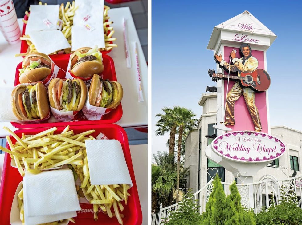 Eten bij de InNOut Burger links Little White Wedding Chapel rechts