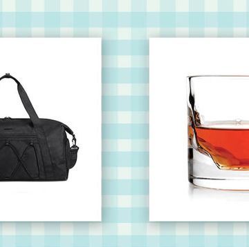 duffle bag and whiskey glass