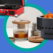 This is an image allbirds shoes, record player, cocktail kit, smokeless fire pit, feals cbd drops